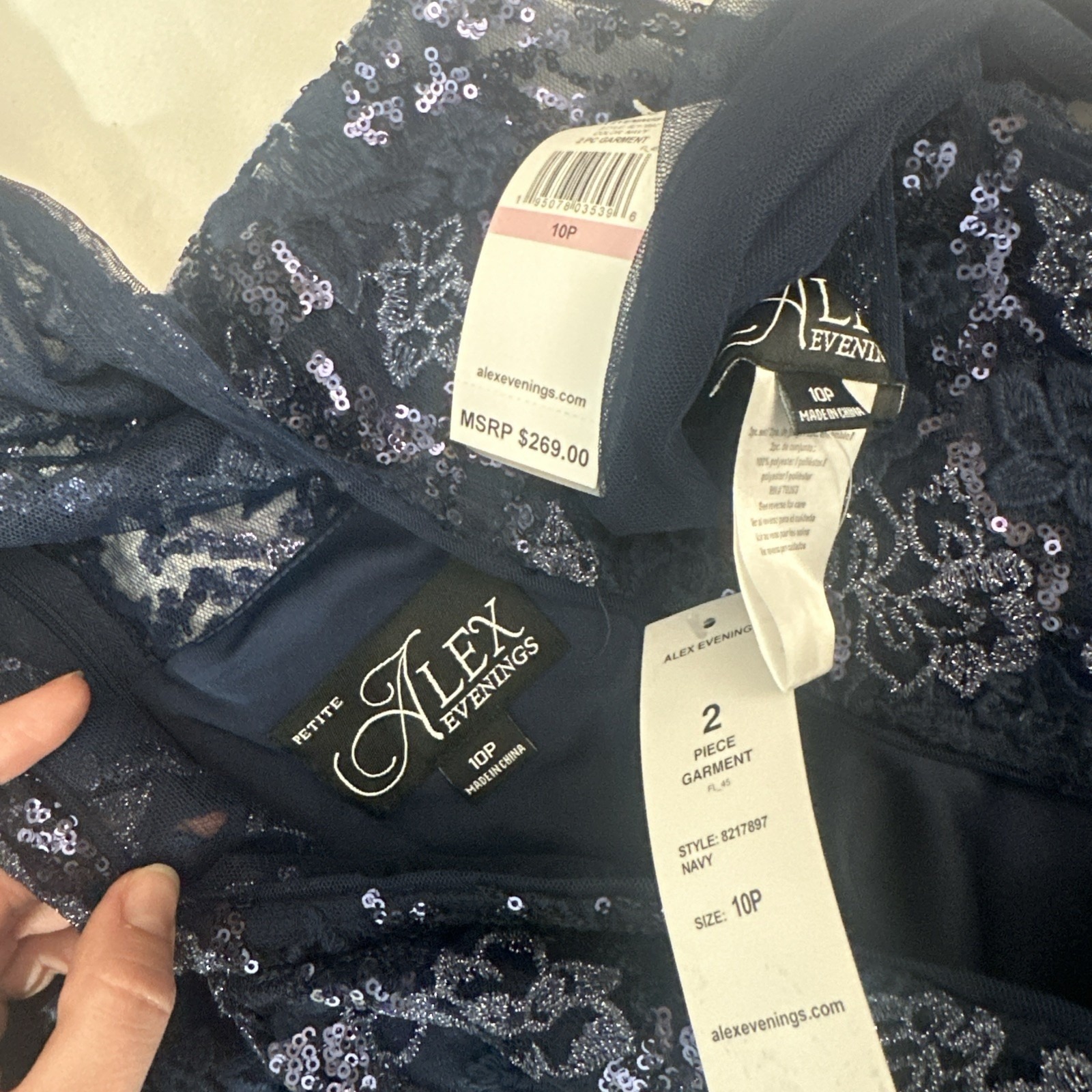 Nwt $269 Alex Evenings [ 10p ] Sequin Embroidered Trumpet Gown Navy Blue Q1200 — image 5 of 8